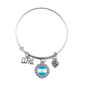 Silver Love Argentina Flag Circle Charm Wire Bangle Bracelet