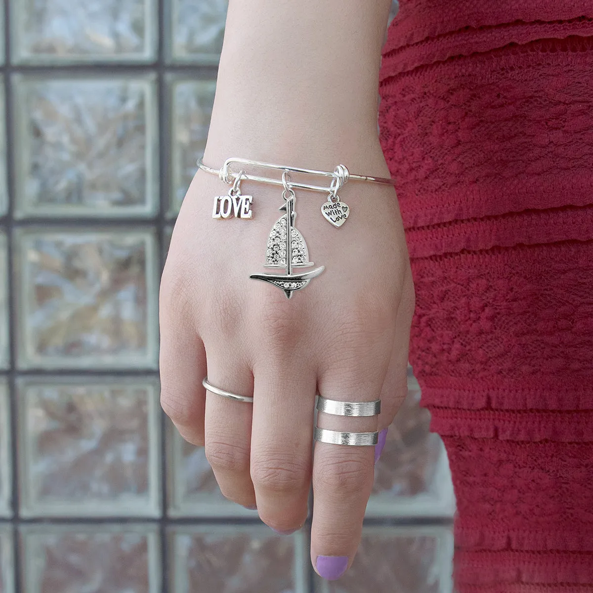 Silver Love Sail Boat Charm Wire Bangle Bracelet