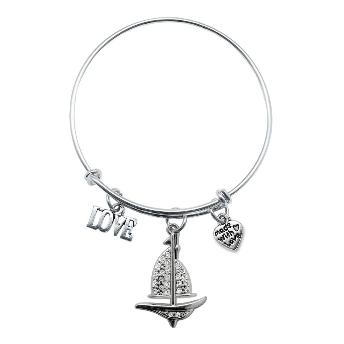 Silver Love Sail Boat Charm Wire Bangle Bracelet