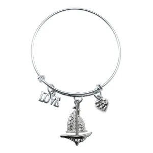 Silver Love Sail Boat Charm Wire Bangle Bracelet