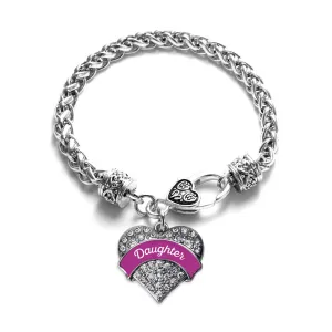 Silver Magenta Daughter Pave Heart Charm Braided Bracelet