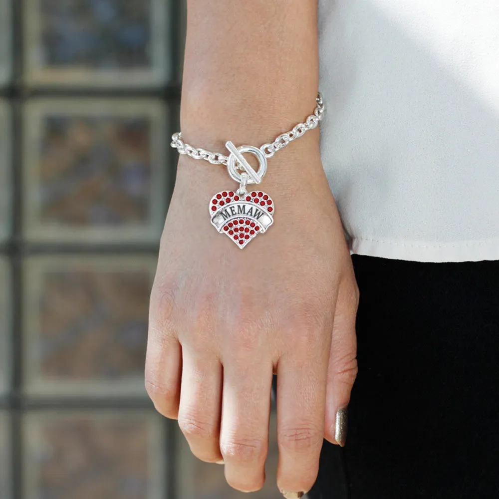 Silver Memaw Red Red Pave Heart Charm Toggle Bracelet