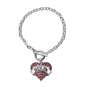 Silver Memaw Red Red Pave Heart Charm Toggle Bracelet