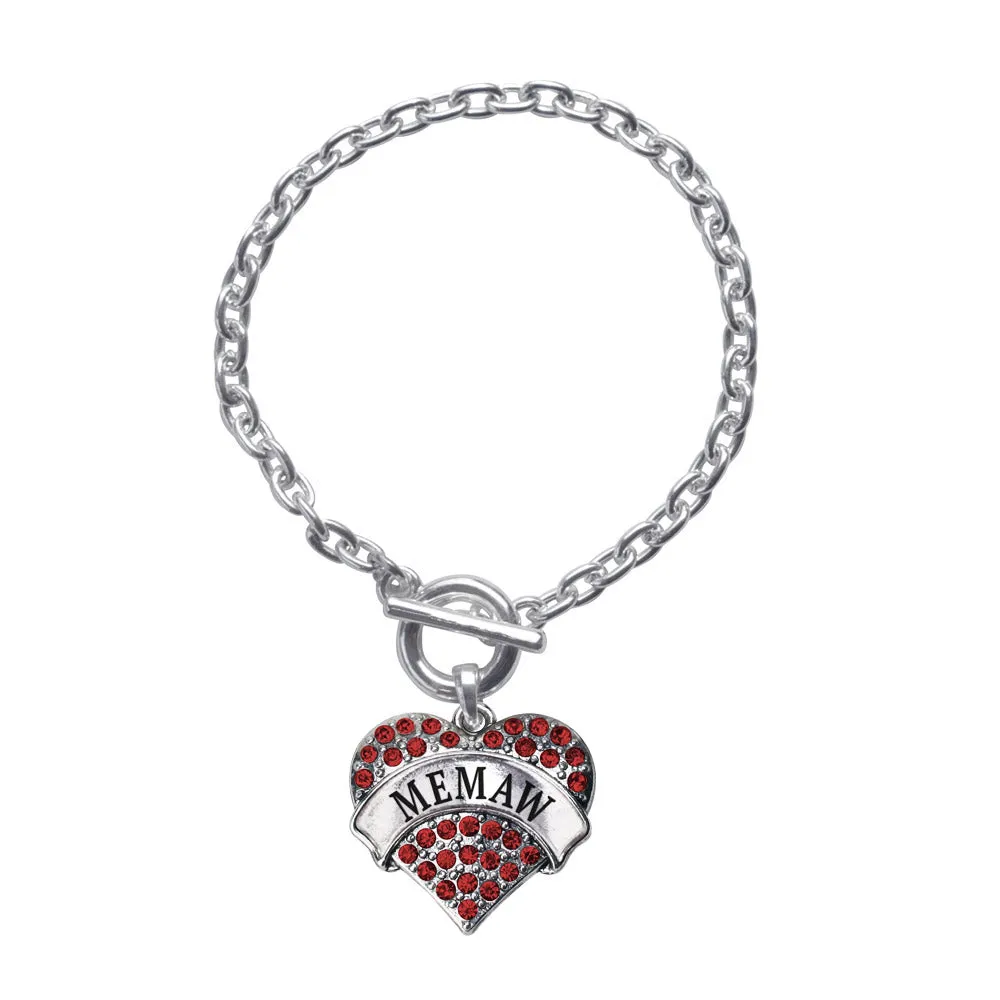 Silver Memaw Red Red Pave Heart Charm Toggle Bracelet