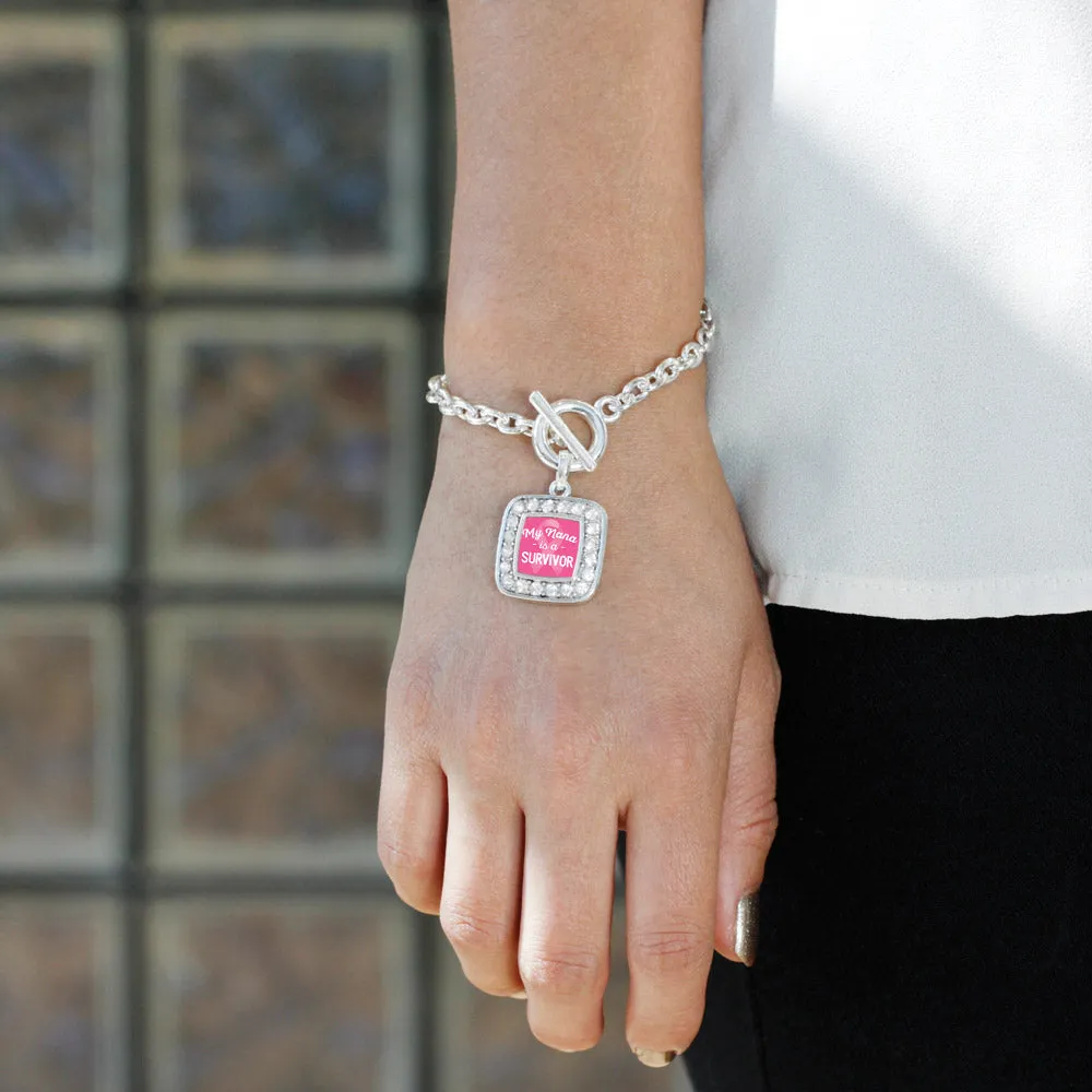 Silver My Nana is a Survivor Breast Cancer Awareness Square Charm Toggle Bracelet