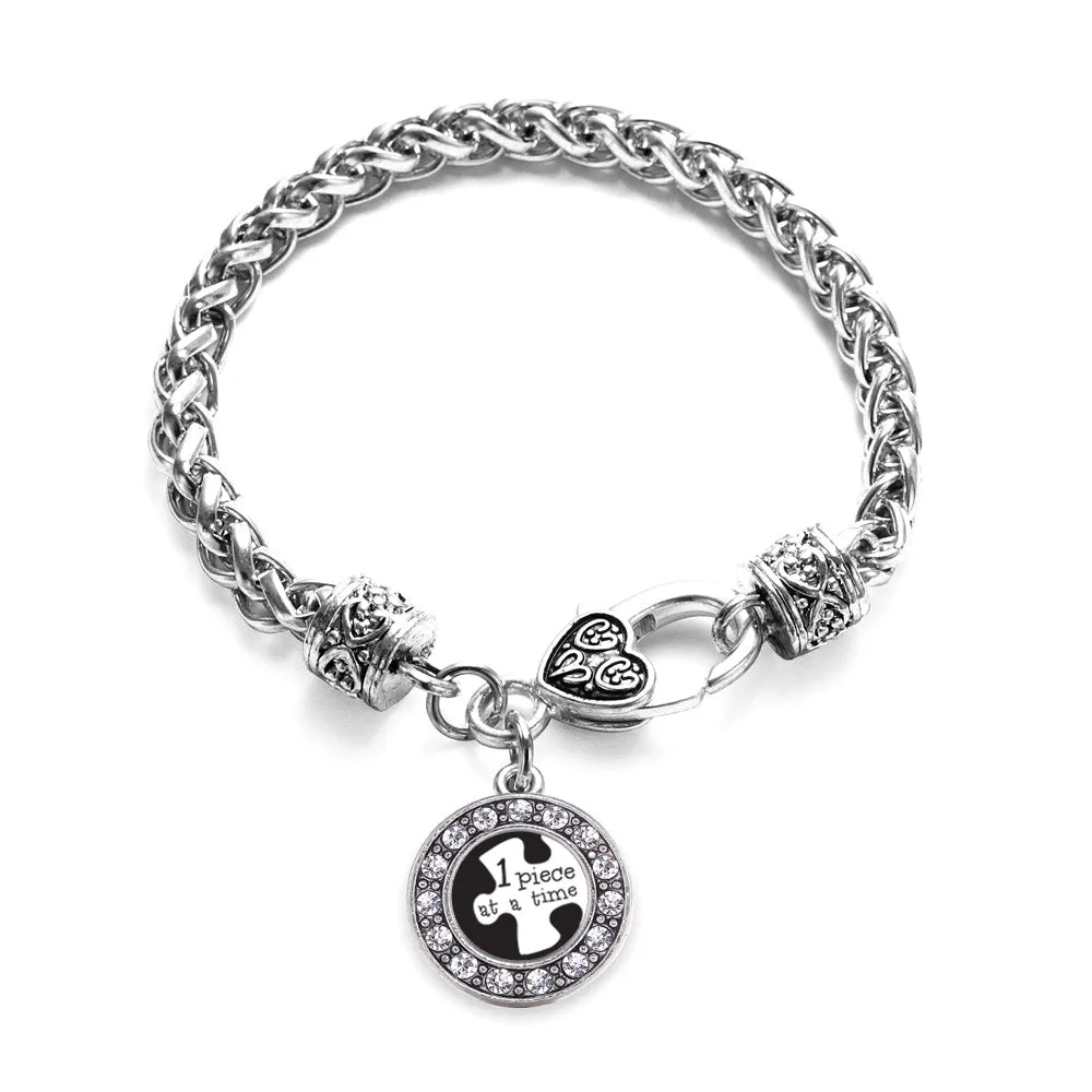 Silver One Piece at a Time Autism Awareness Circle Charm Braided Bracelet