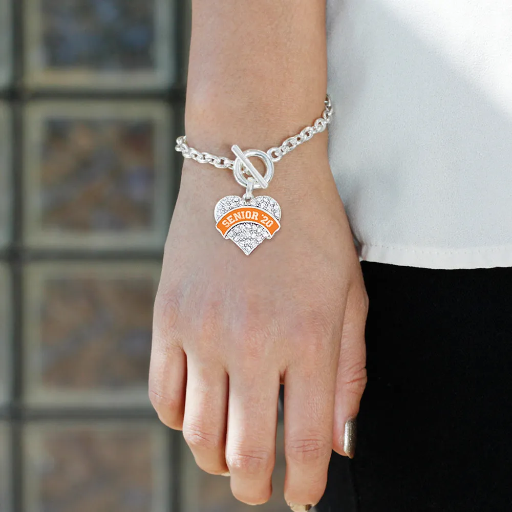 Silver Orange Senior 2020 Pave Heart Charm Toggle Bracelet