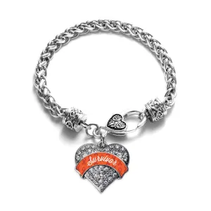 Silver Orange Survivor Pave Heart Charm Braided Bracelet
