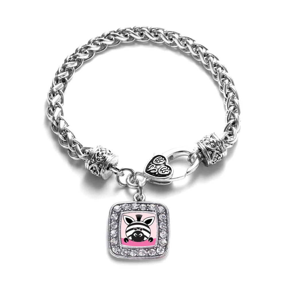 Silver Peeking Zebra Square Charm Braided Bracelet