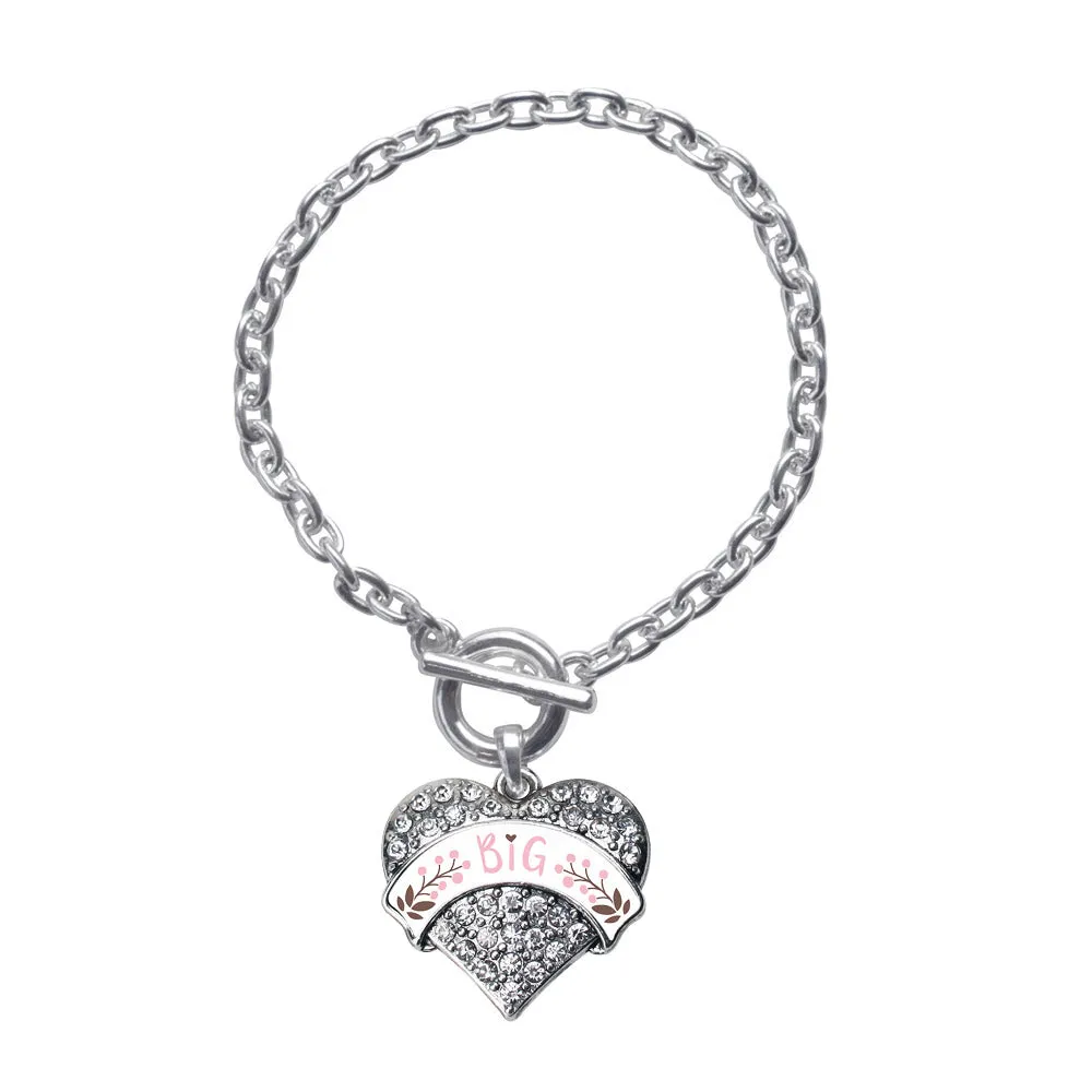 Silver Pink and Brown Big Pave Heart Charm Toggle Bracelet
