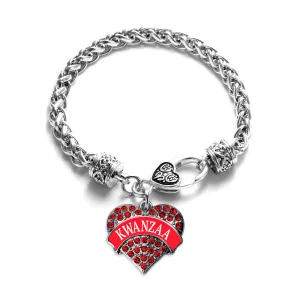 Silver Red Kwanzaa Red Pave Heart Charm Braided Bracelet