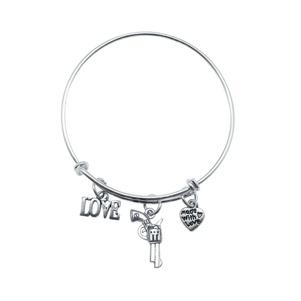 Silver Revolver Charm Wire Bangle Bracelet