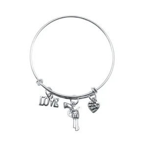 Silver Revolver Charm Wire Bangle Bracelet