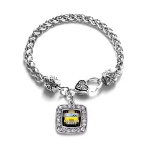 Silver School Bus Square Charm Braided Bracelet