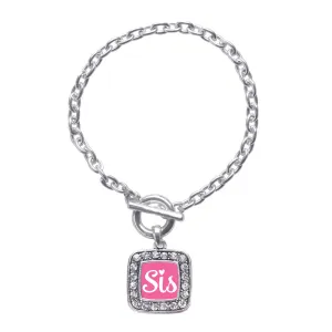 Silver Sis Pink Script Square Charm Toggle Bracelet