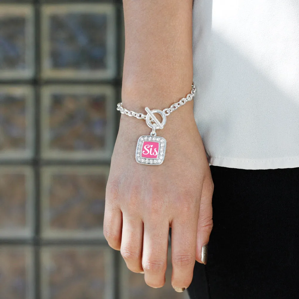 Silver Sis Pink Script Square Charm Toggle Bracelet