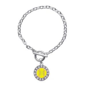 Silver Softball Circle Charm Toggle Bracelet