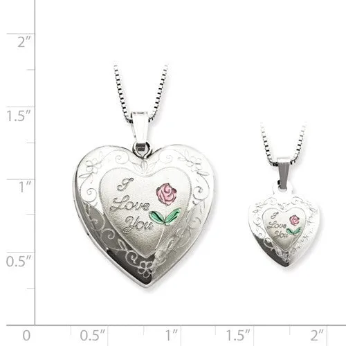 Sterling Silver 'I Love You' Rose Heart Mother & Daughter Locket Set