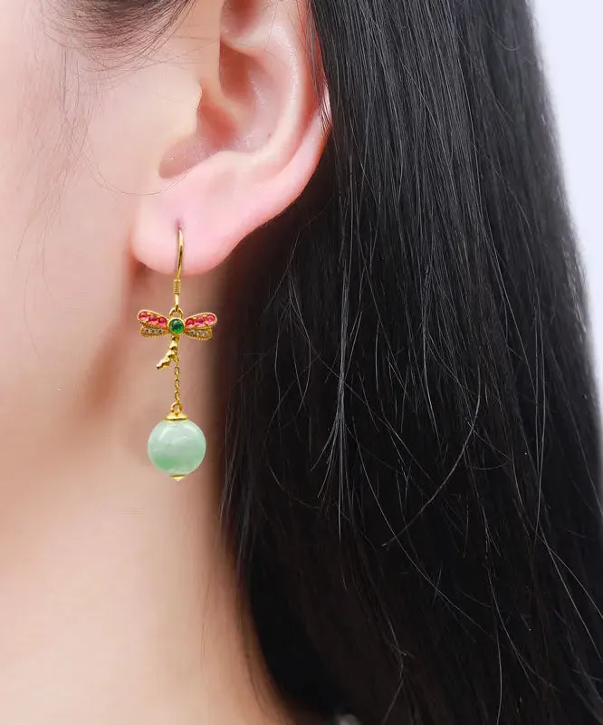 Sterling Silver Overgild Jade Dragonfly Tassel Drop Earrings