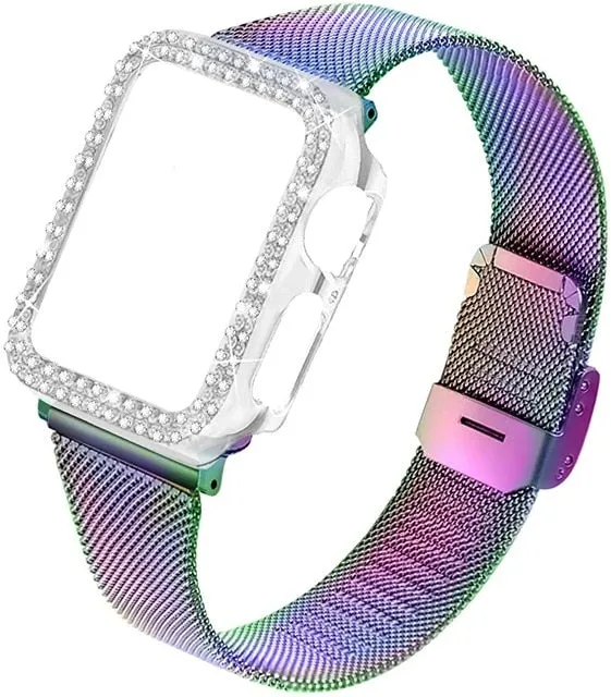 Strap & bling Case For Apple Series 8 7 44mm 45mm Milanese Steel Metal