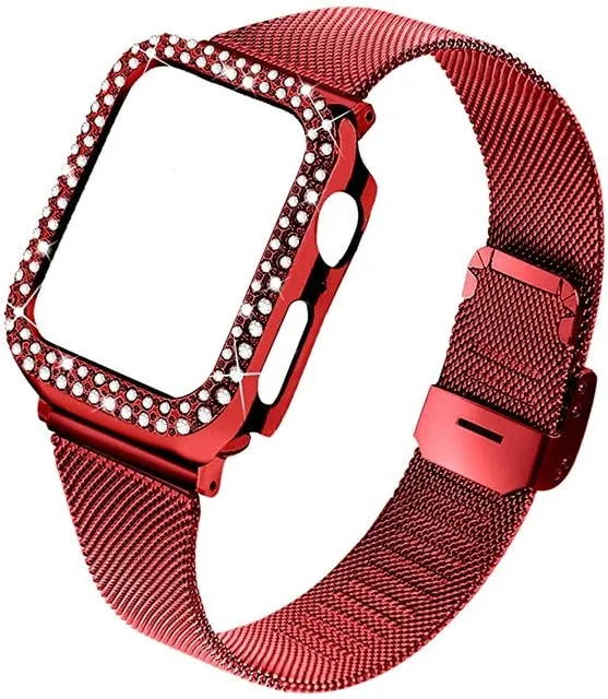 Strap & bling Case For Apple Series 8 7 44mm 45mm Milanese Steel Metal