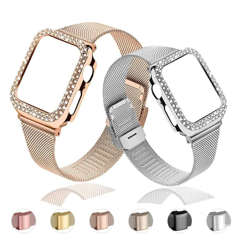 Strap & bling Case For Apple Series 8 7 44mm 45mm Milanese Steel Metal