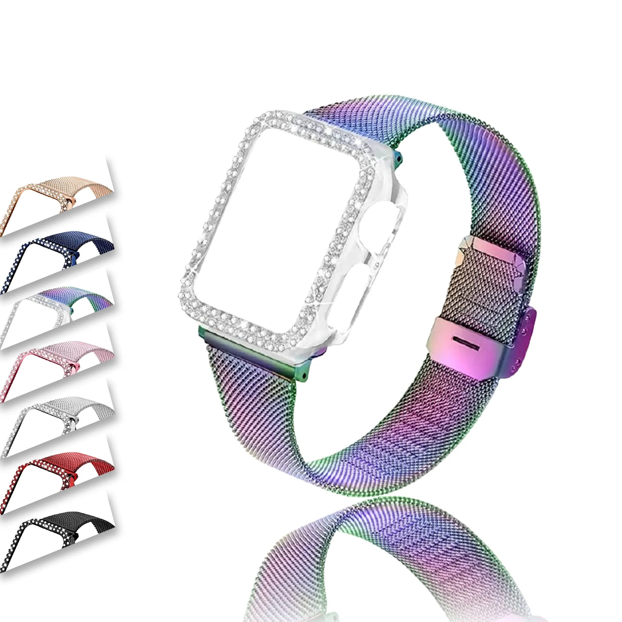 Strap & bling Case For Apple Series 8 7 44mm 45mm Milanese Steel Metal