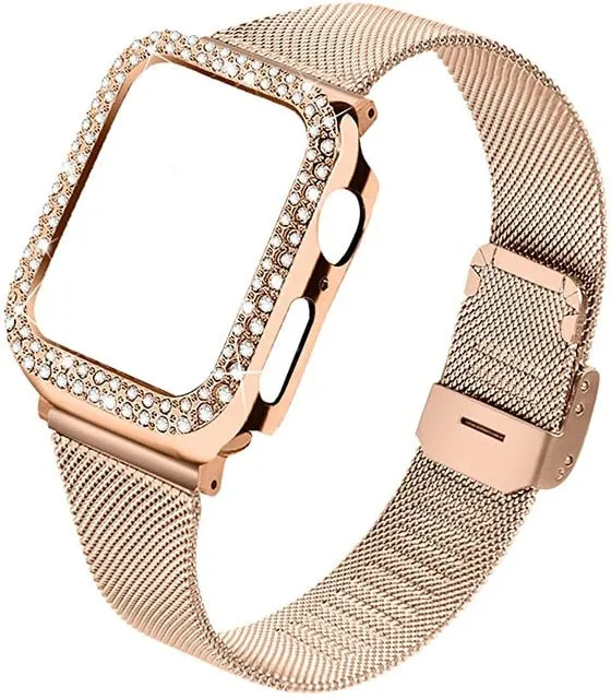 Strap & bling Case For Apple Series 8 7 44mm 45mm Milanese Steel Metal