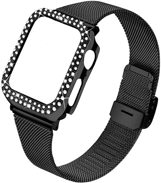 Strap & bling Case For Apple Series 8 7 44mm 45mm Milanese Steel Metal