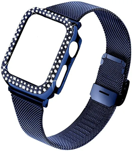 Strap & bling Case For Apple Series 8 7 44mm 45mm Milanese Steel Metal