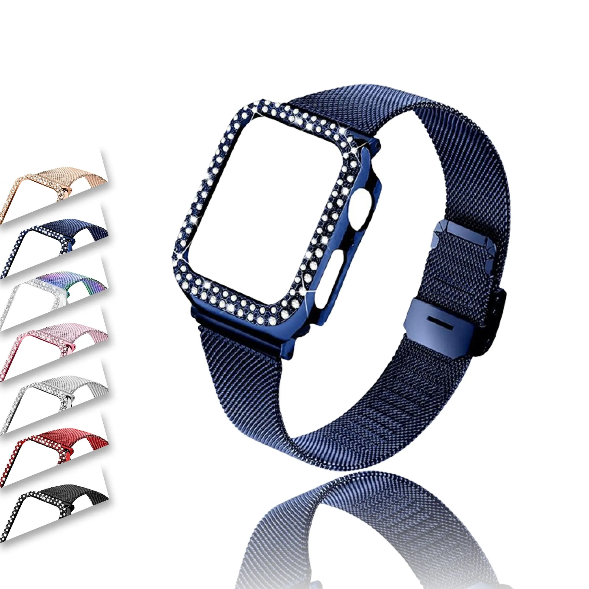 Strap & bling Case For Apple Series 8 7 44mm 45mm Milanese Steel Metal