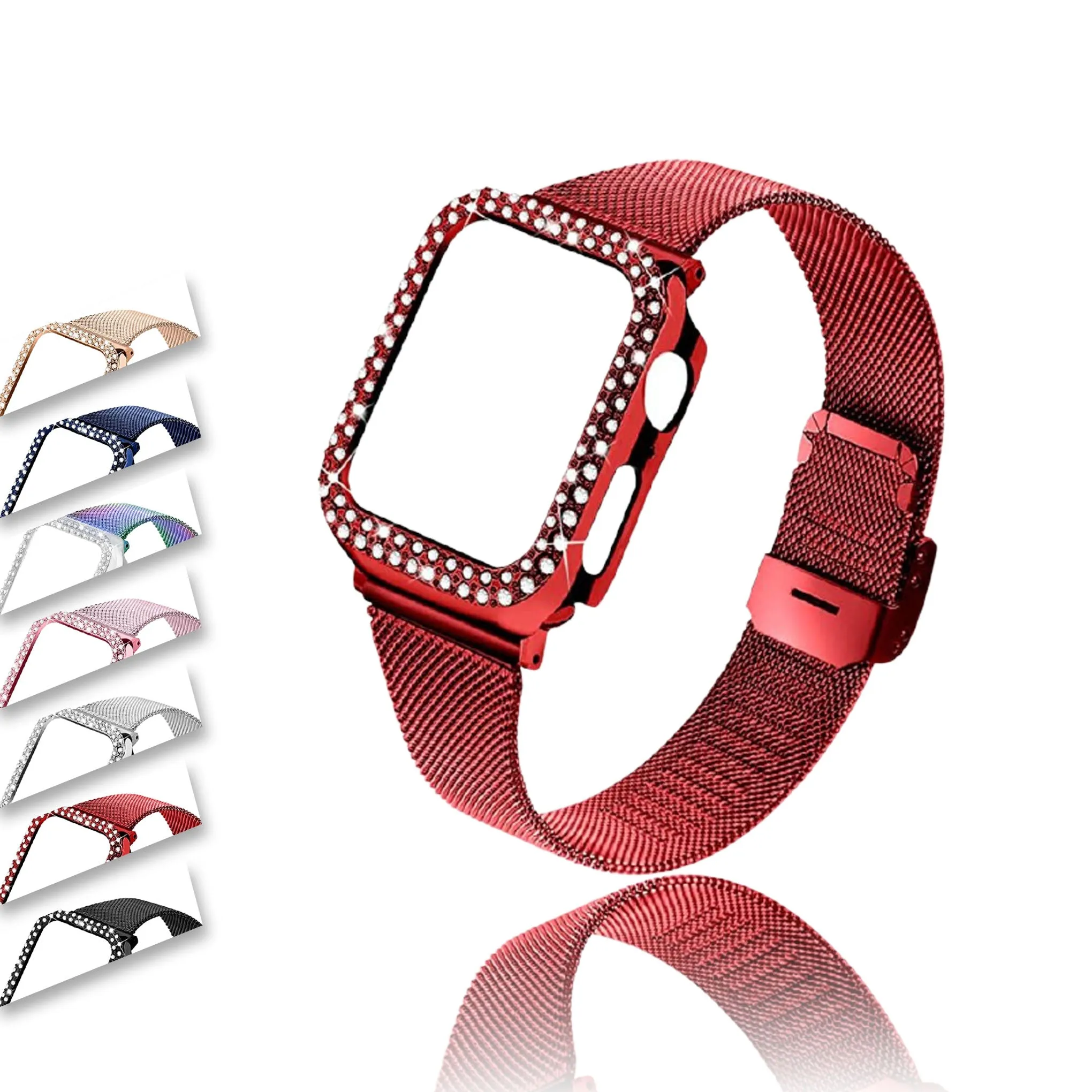 Strap & bling Case For Apple Series 8 7 44mm 45mm Milanese Steel Metal