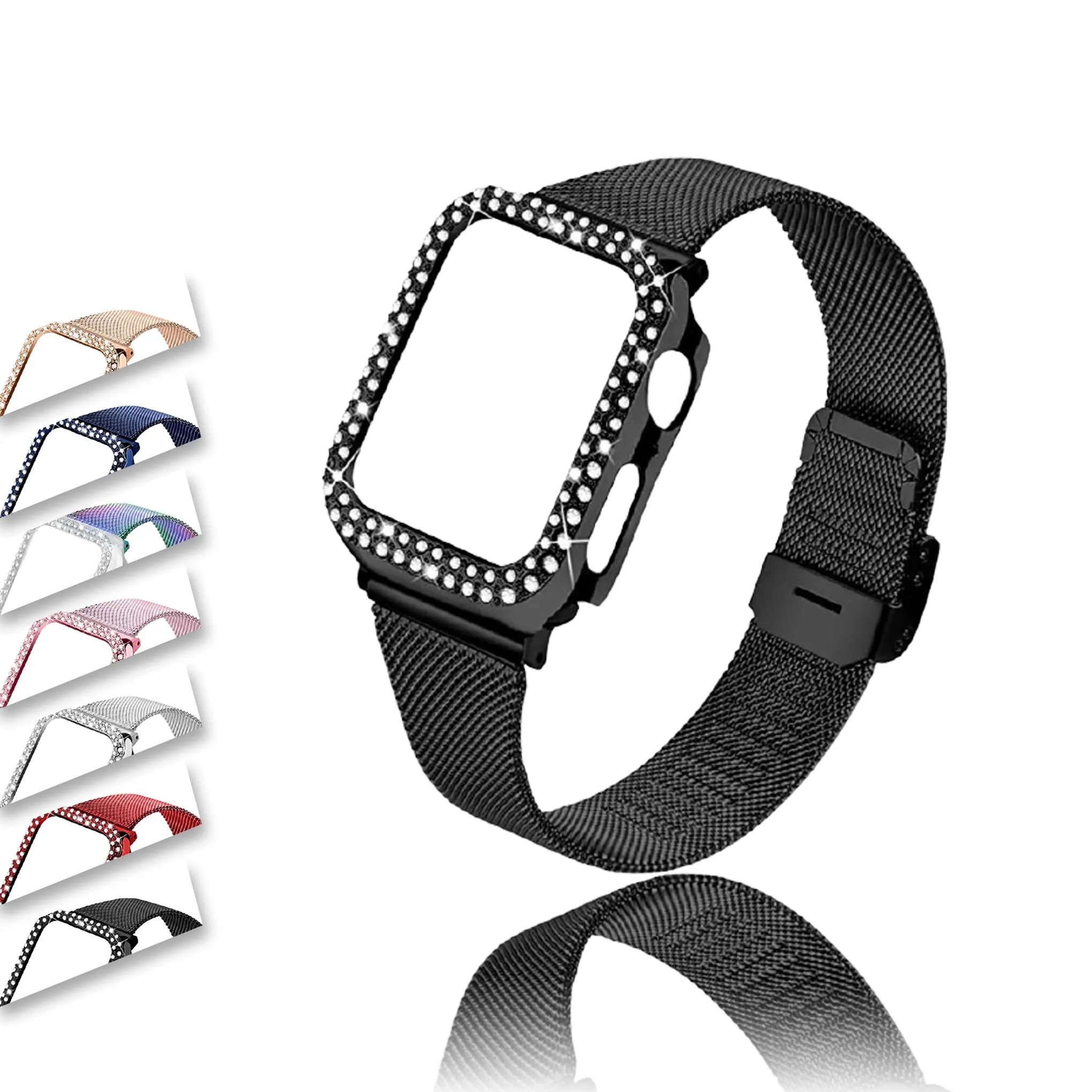 Strap & bling Case For Apple Series 8 7 44mm 45mm Milanese Steel Metal