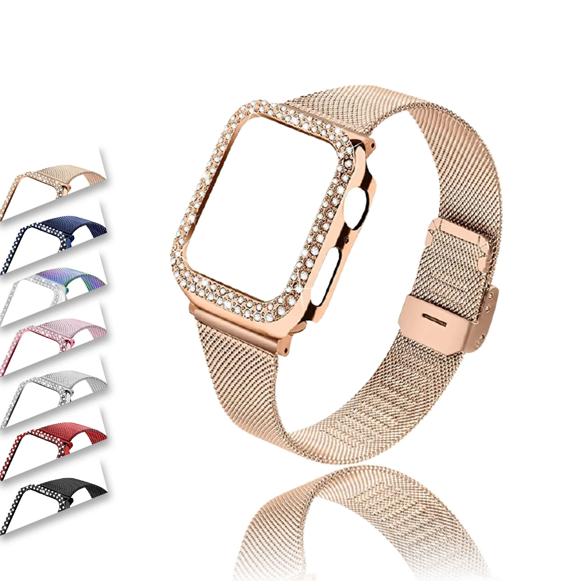 Strap & bling Case For Apple Series 8 7 44mm 45mm Milanese Steel Metal