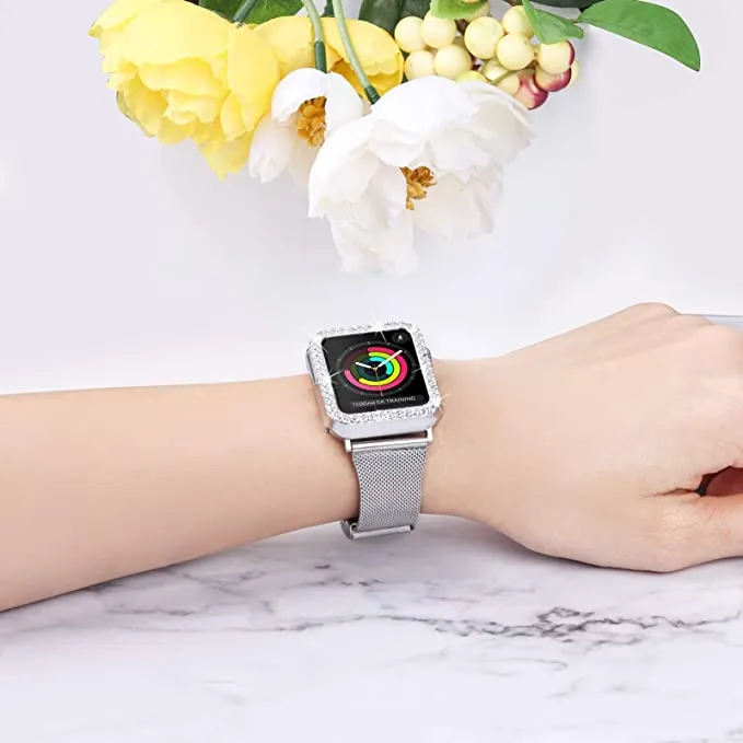 Strap & bling Case For Apple Series 8 7 44mm 45mm Milanese Steel Metal