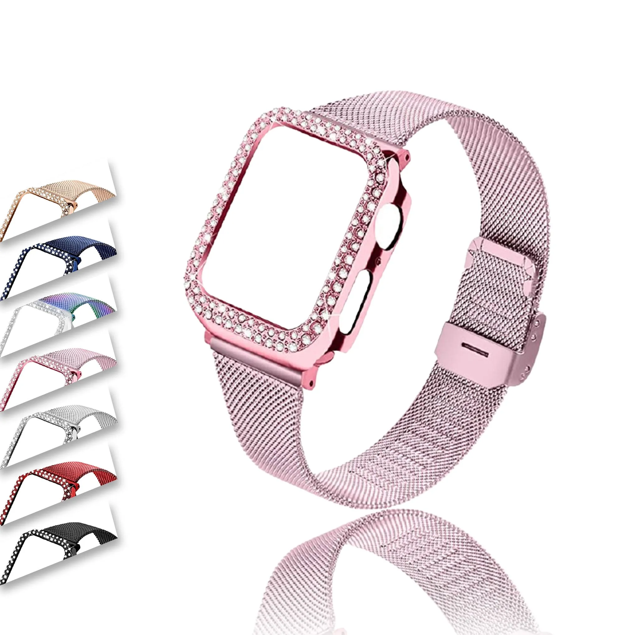 Strap & bling Case For Apple Series 8 7 44mm 45mm Milanese Steel Metal