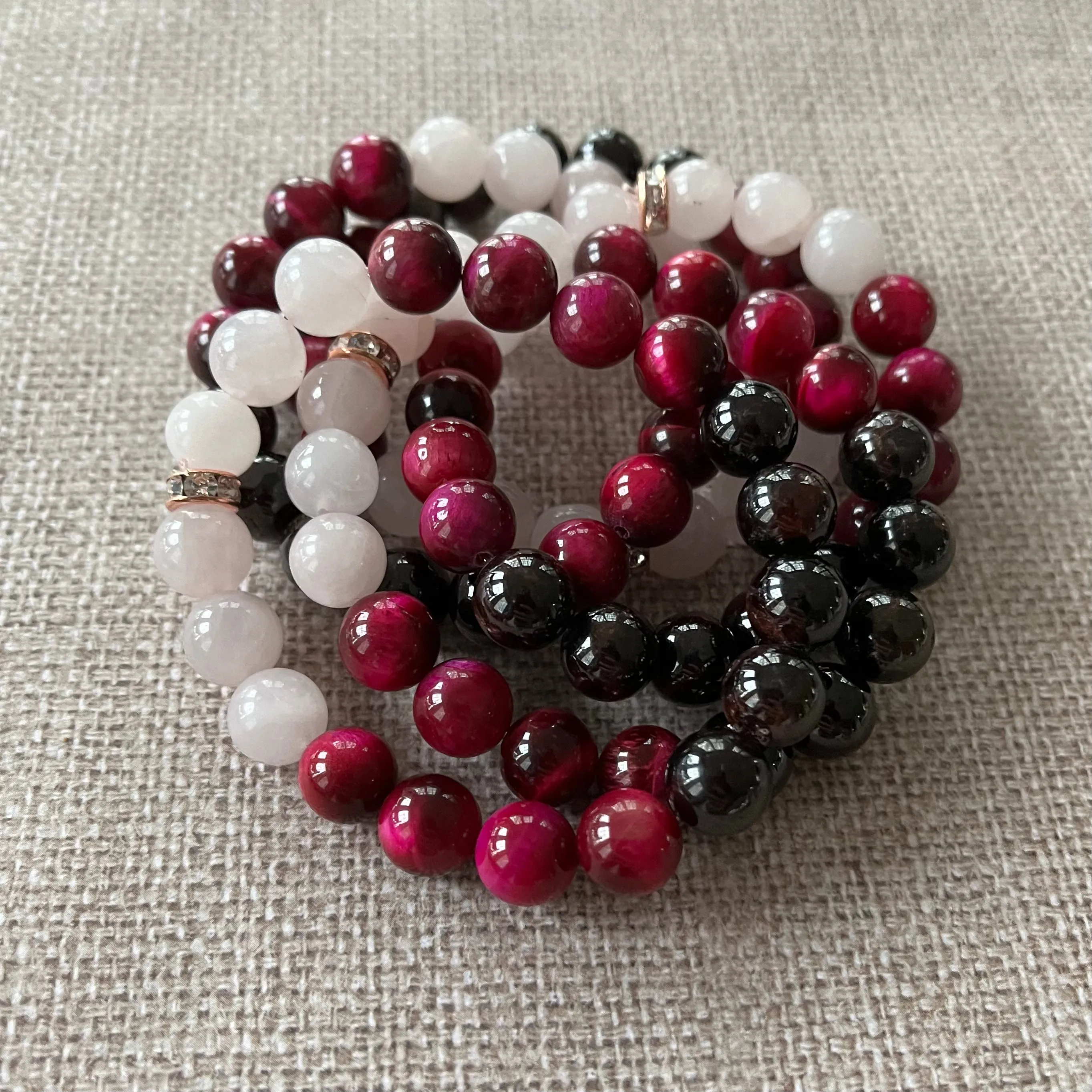 Tiger Eye Jasper, Garnet, and Pink Quartz Ombré Bracelet