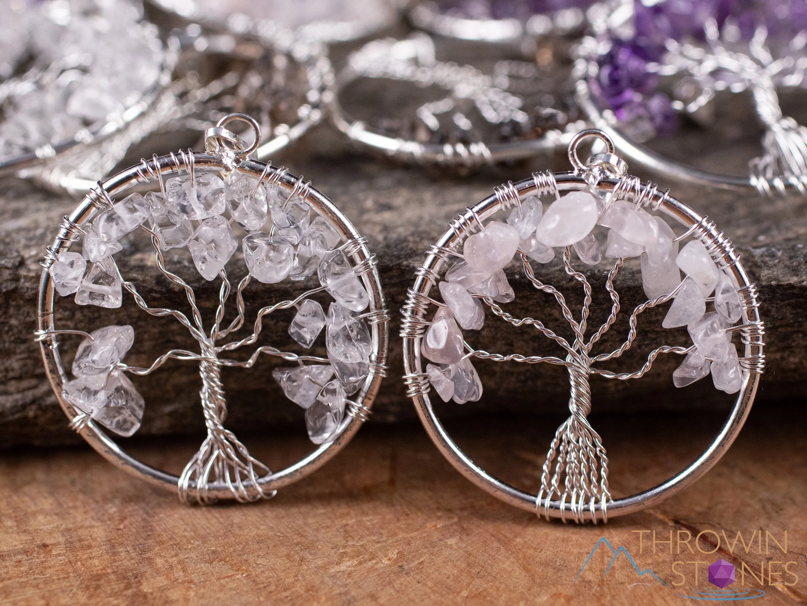 Tree of Life Pendant, Crystal Pendant - Amethyst, Smoky Clear Rose Quartz - Handmade Jewelry, Wire Wrapped Jewelry, E1998