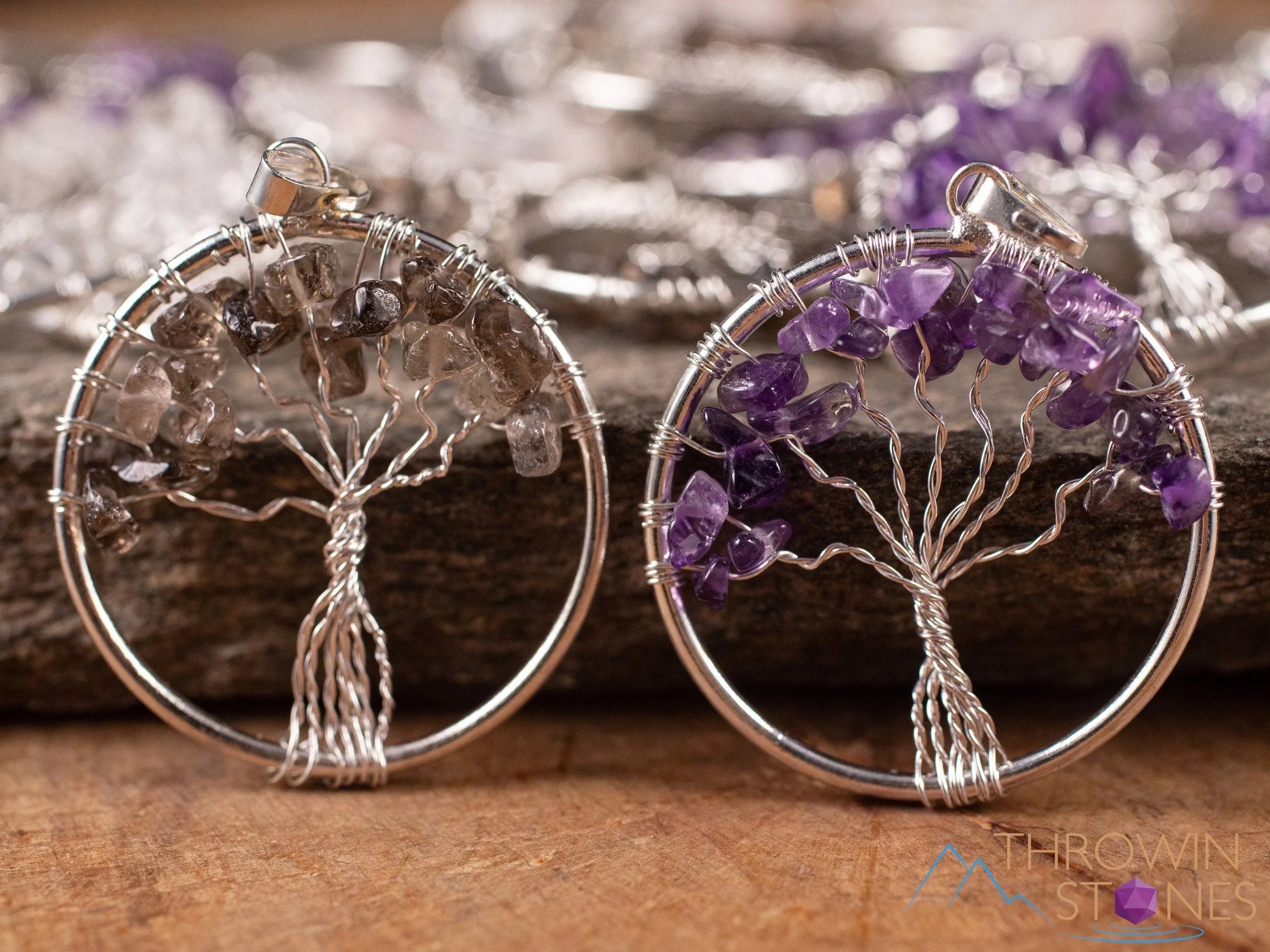 Tree of Life Pendant, Crystal Pendant - Amethyst, Smoky Clear Rose Quartz - Handmade Jewelry, Wire Wrapped Jewelry, E1998