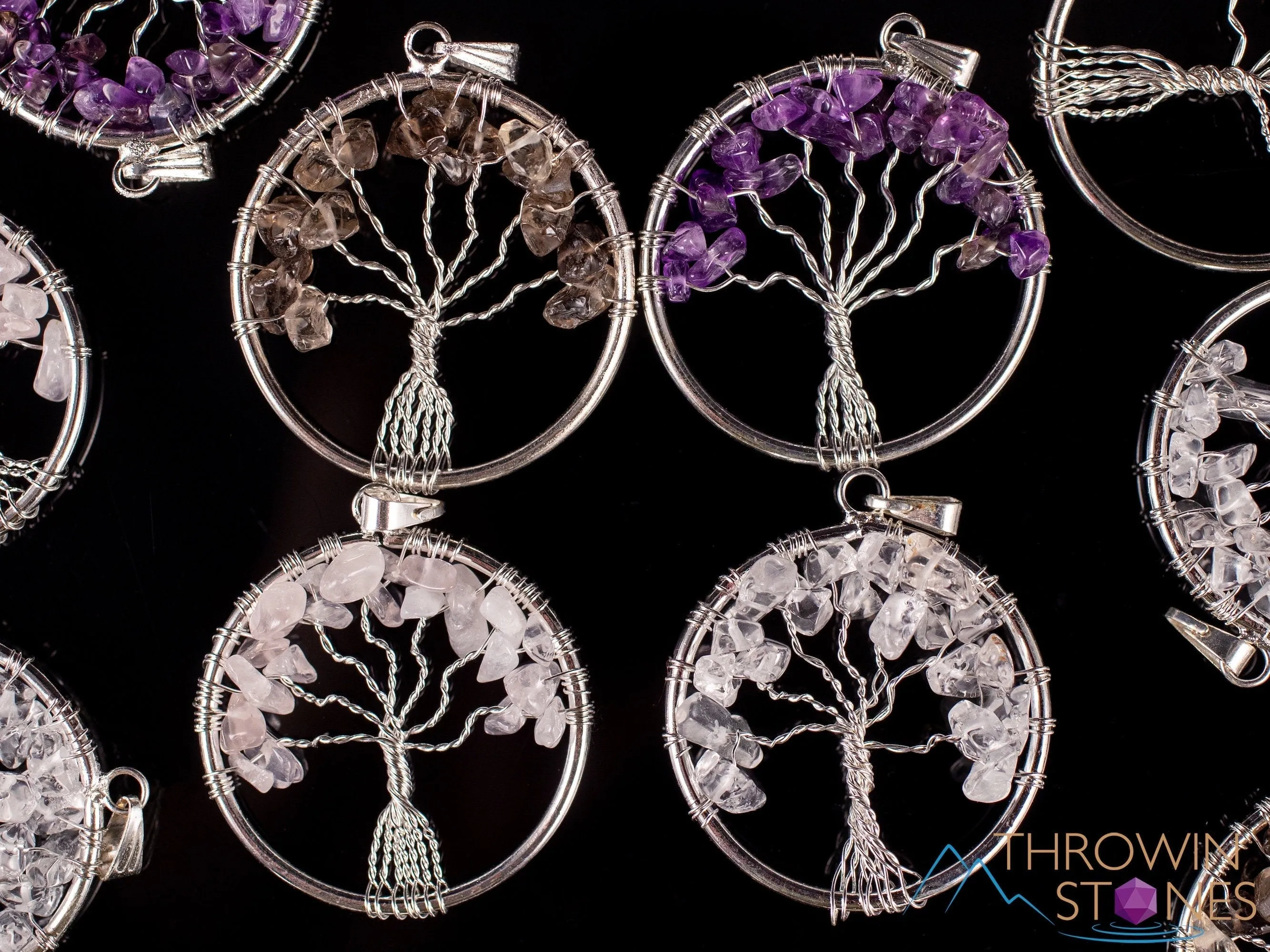 Tree of Life Pendant, Crystal Pendant - Amethyst, Smoky Clear Rose Quartz - Handmade Jewelry, Wire Wrapped Jewelry, E1998