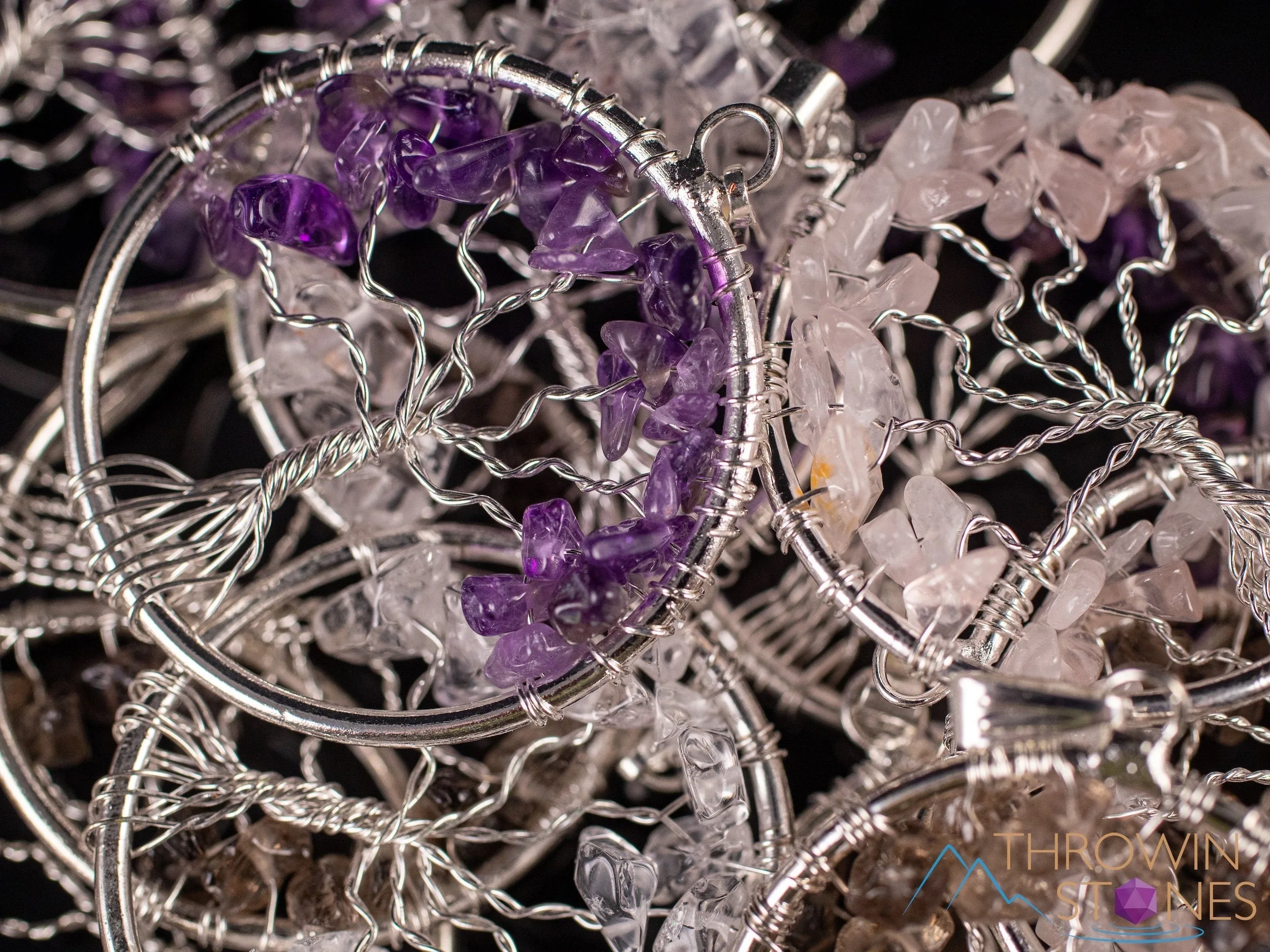 Tree of Life Pendant, Crystal Pendant - Amethyst, Smoky Clear Rose Quartz - Handmade Jewelry, Wire Wrapped Jewelry, E1998