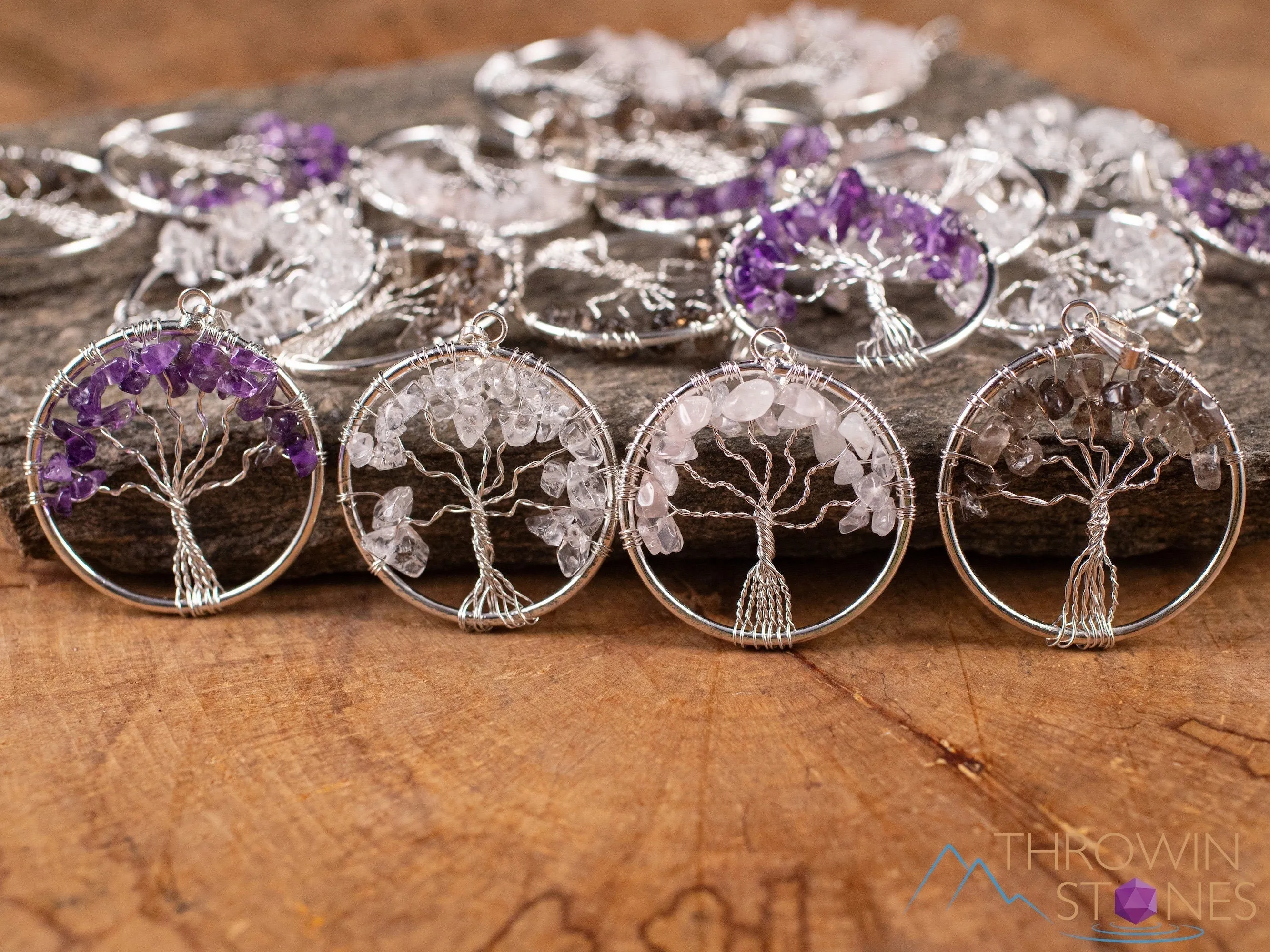 Tree of Life Pendant, Crystal Pendant - Amethyst, Smoky Clear Rose Quartz - Handmade Jewelry, Wire Wrapped Jewelry, E1998