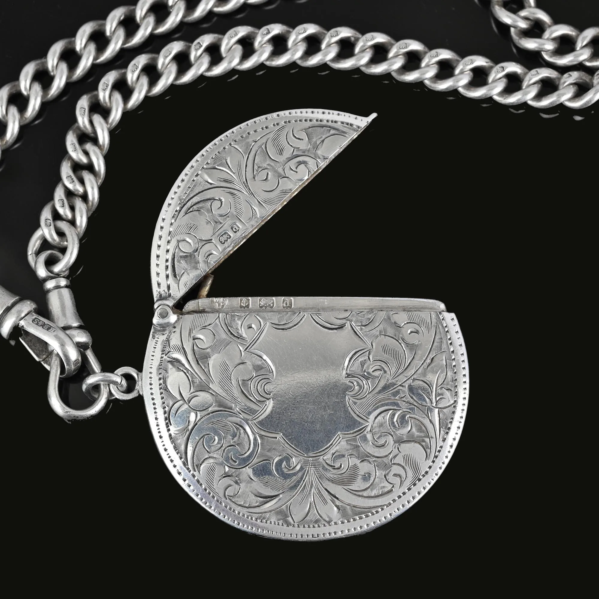 Unusual Antique Silver Circular Vesta Match Safe Pendant Fob, 1903