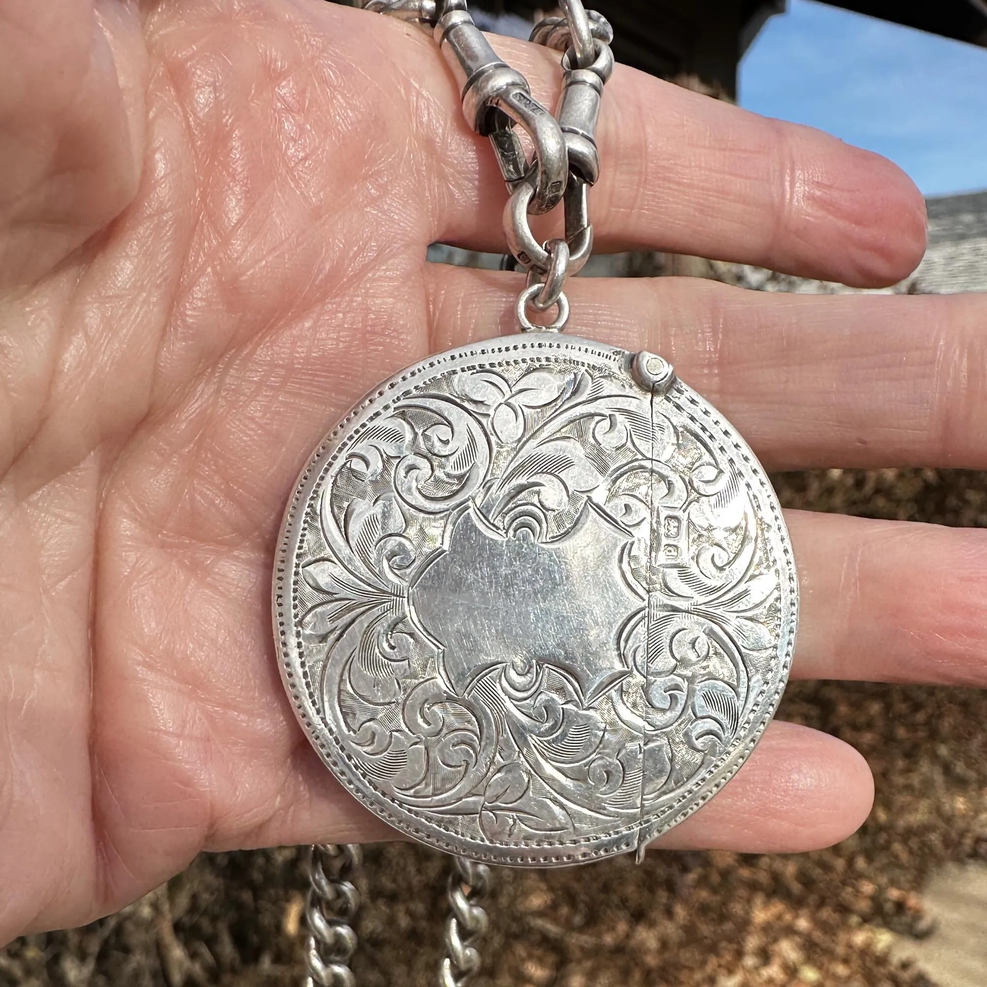 Unusual Antique Silver Circular Vesta Match Safe Pendant Fob, 1903