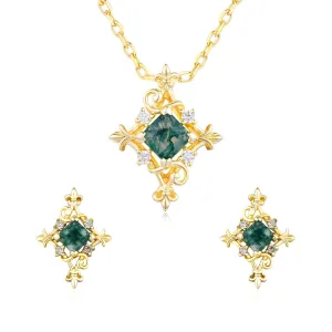 Vine Diamond Moss Agate Necklace and Earrings Set (Yellow Gold)
