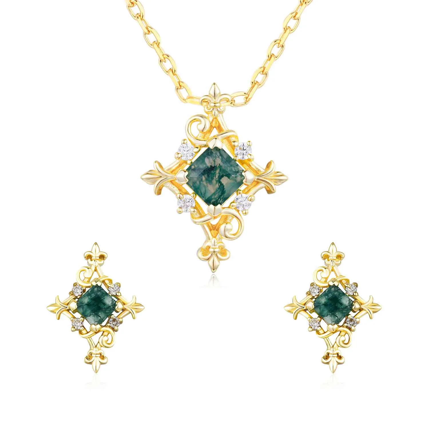 Vine Diamond Moss Agate Necklace and Earrings Set (Yellow Gold)