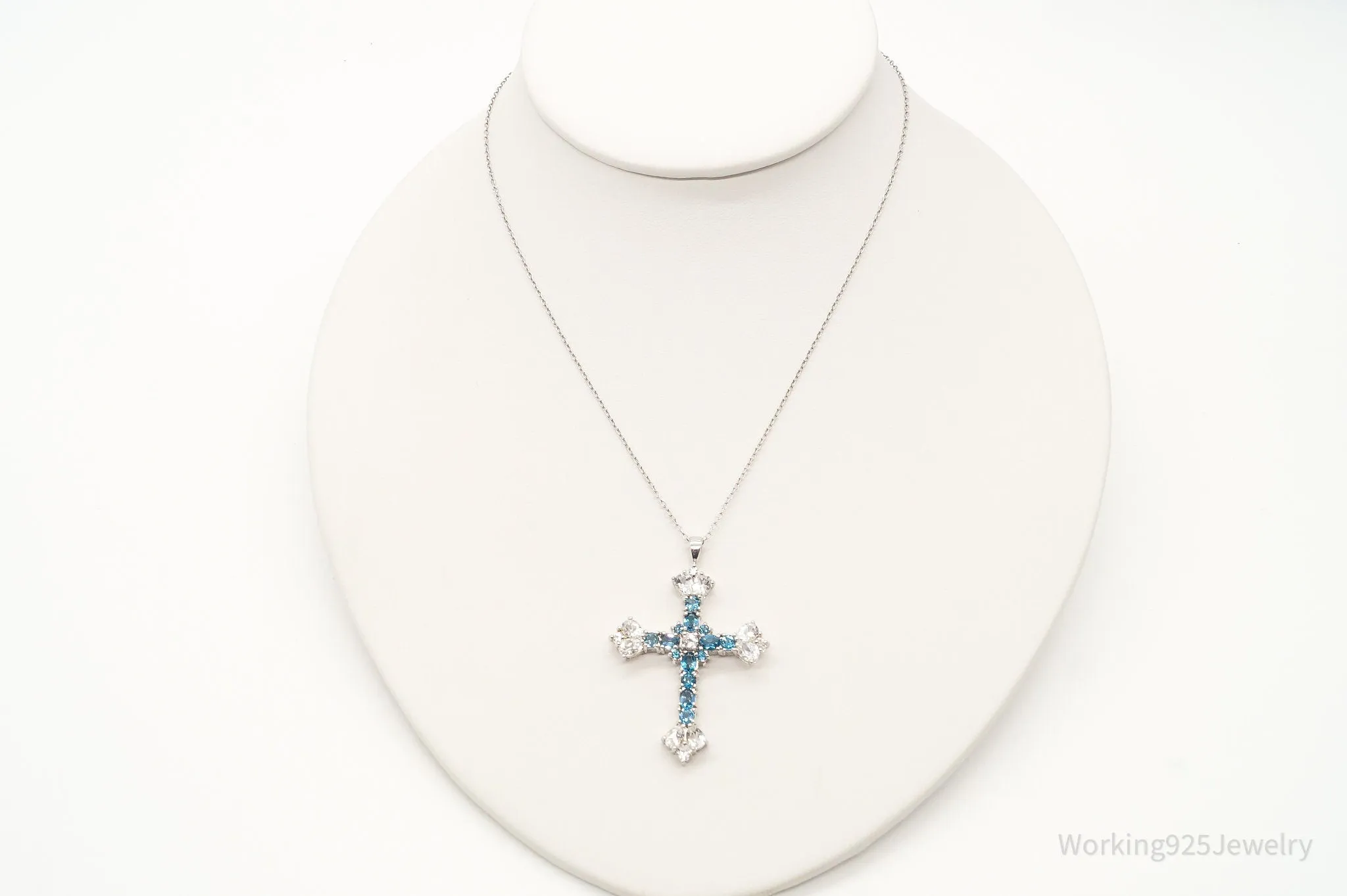 Vintage Blue Topaz Cubic Zirconia Cross Sterling Silver Necklace