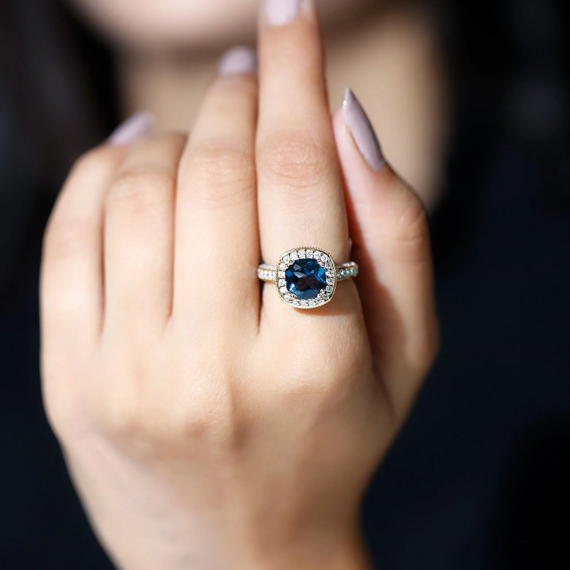 Vintage Style London Blue Topaz and Diamond Crown Engagement Ring