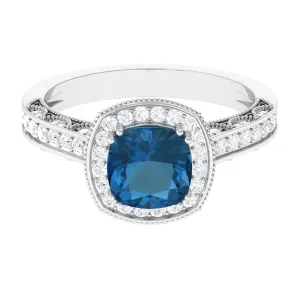 Vintage Style London Blue Topaz and Diamond Crown Engagement Ring