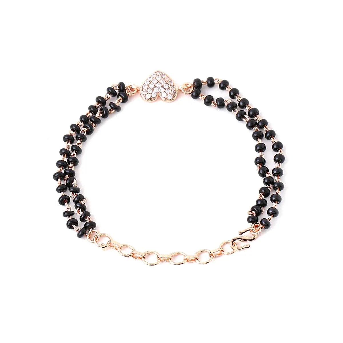 Yellow Chimes Mangalsutra Bracelet for Women Black Beads Heart Charm Rose Gold Plated Hand Mangalsutra Bracelets for Women | Marriage Anniversay Birthday Gift For Wife and Women